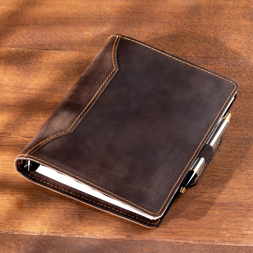 Dark Chocolate Crazy Horse Leather Binder Notebook – Refillable A5 Ring Planner with Pen Holder