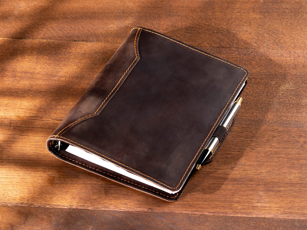 Dark Chocolate Crazy Horse Leather Binder Notebook – Refillable A5 Ring Planner with Pen Holder