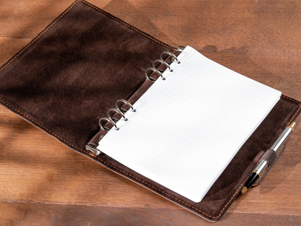Dark Chocolate Crazy Horse Leather Binder Notebook – Refillable A5 Ring Planner with Pen Holder
