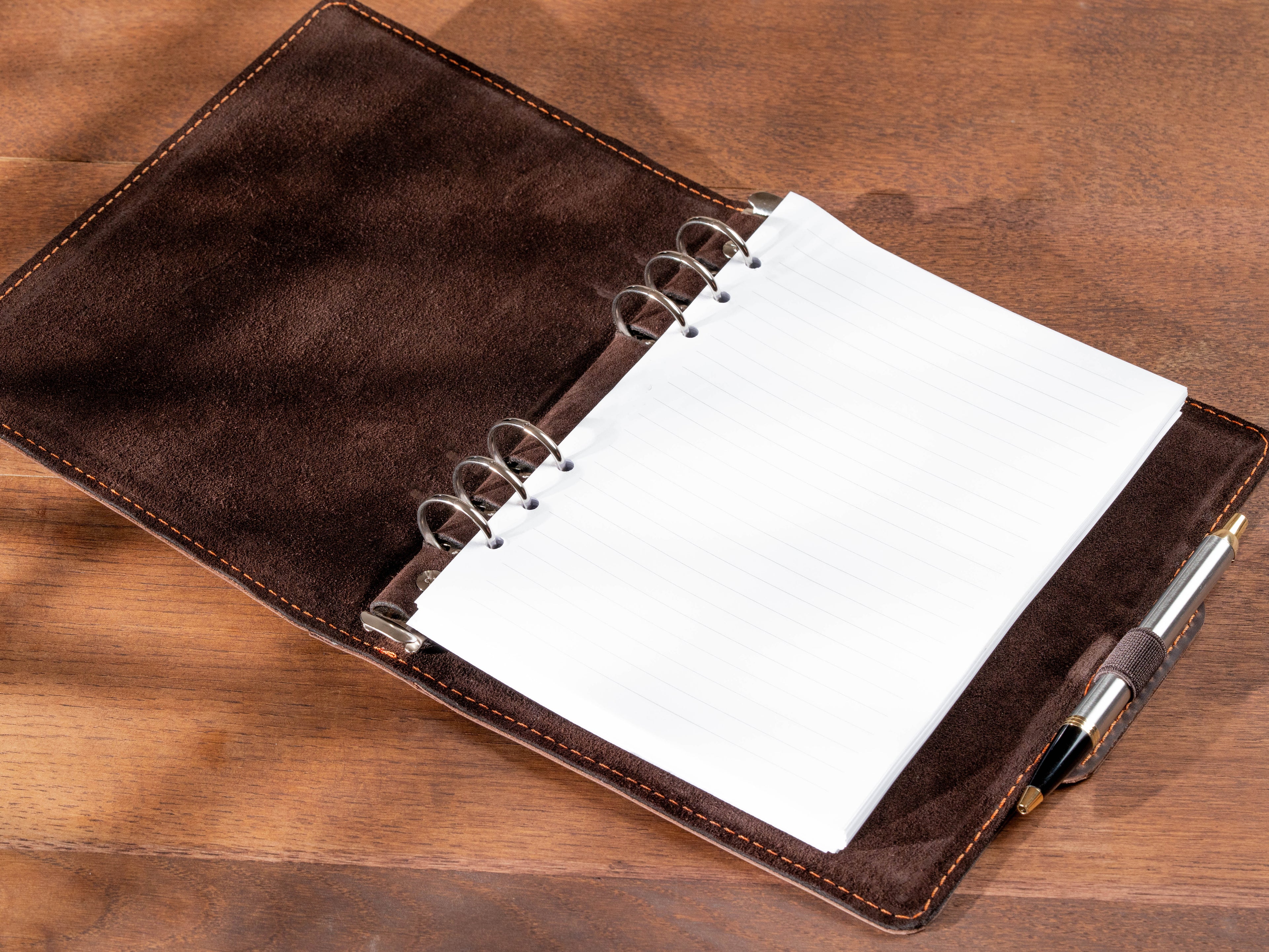 Dark Chocolate Crazy Horse Leather Binder Notebook – Refillable A5 Ring Planner with Pen Holder