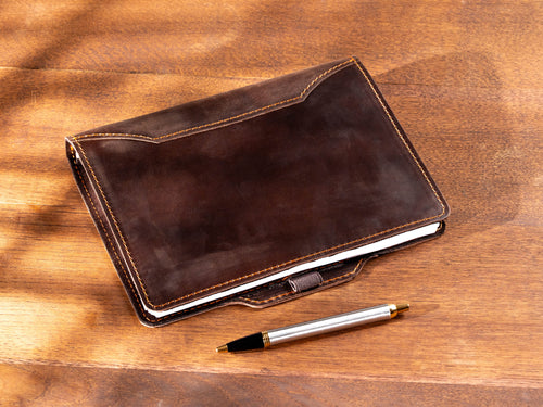 Dark Chocolate Crazy Horse Leather Binder Notebook – Refillable A5 Ring Planner with Pen Holder