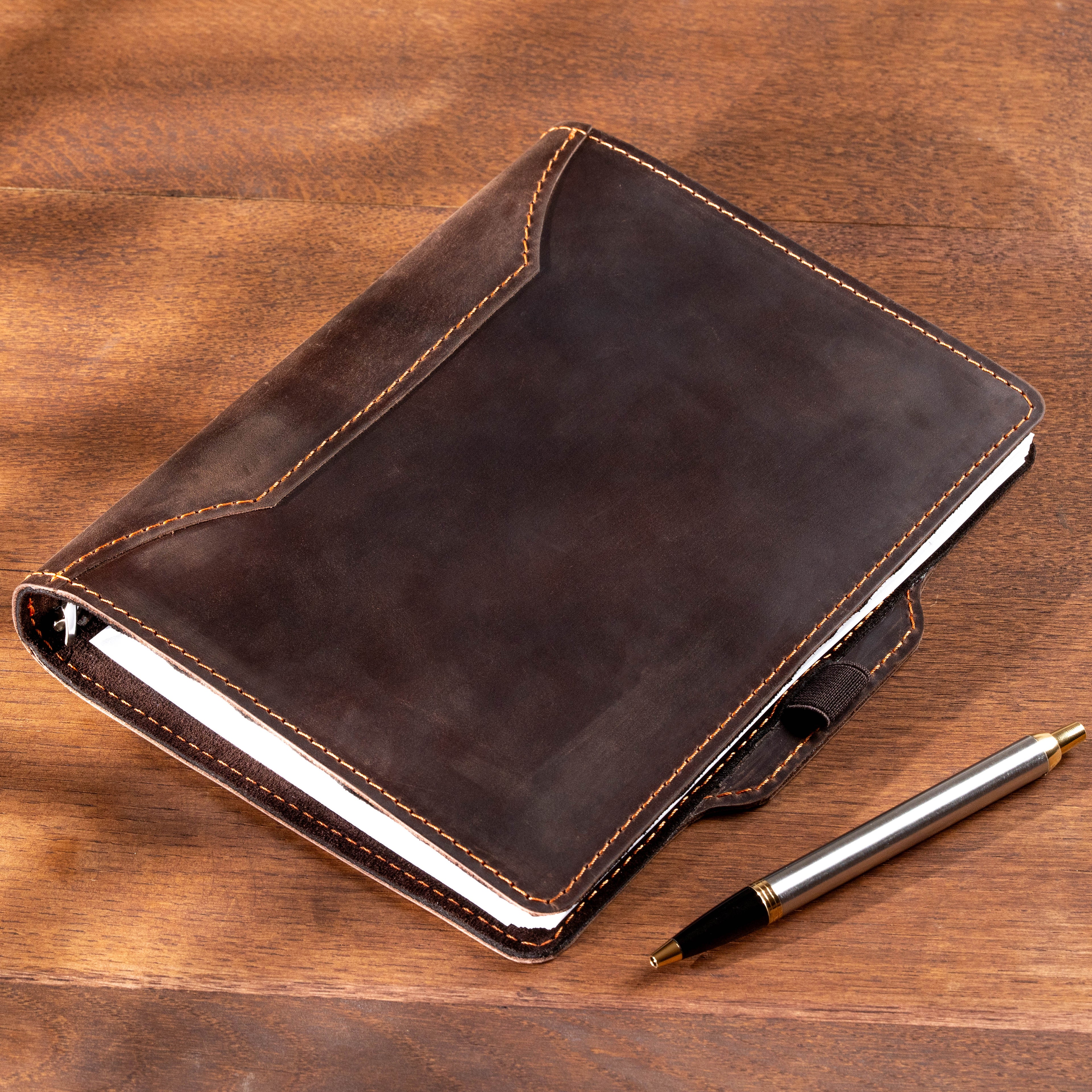 Dark Chocolate Crazy Horse Leather Binder Notebook – Refillable A5 Ring Planner with Pen Holder