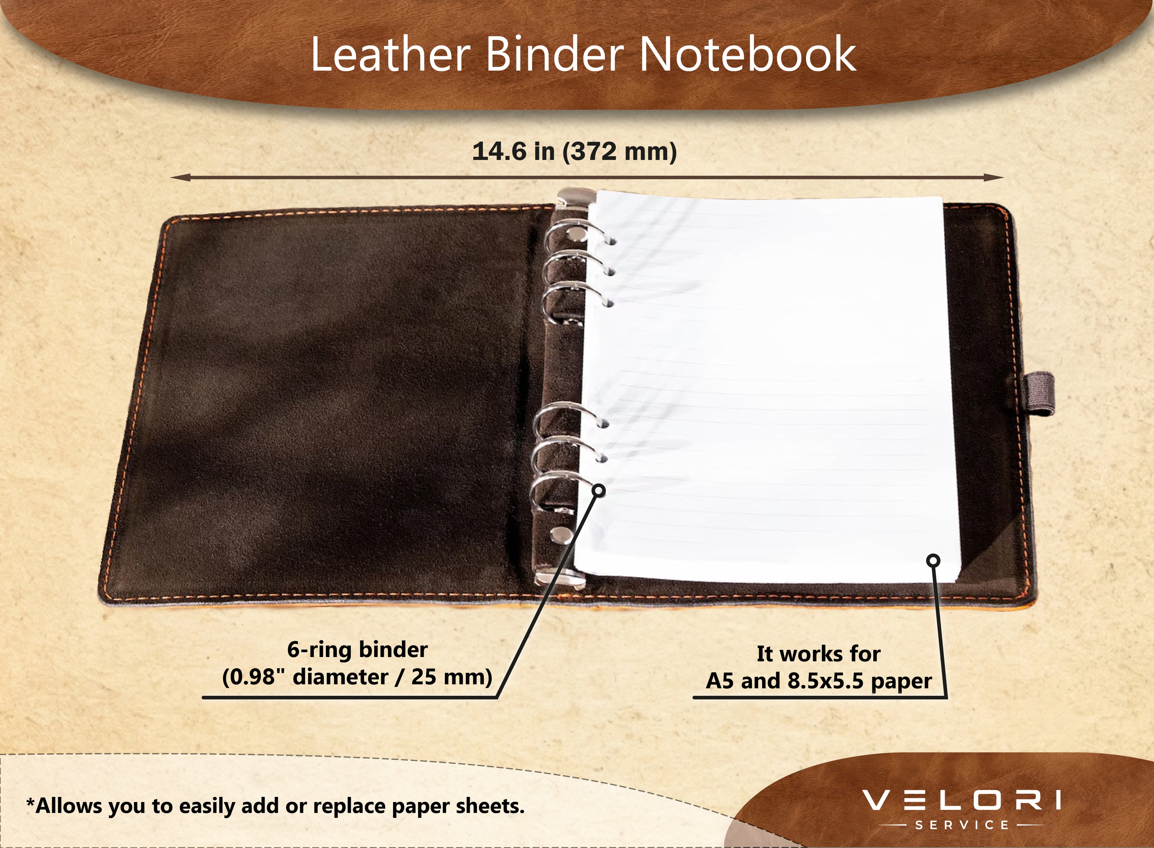 Camel Leather A5 Binder Notebook – Personalized Refillable Leather Planner