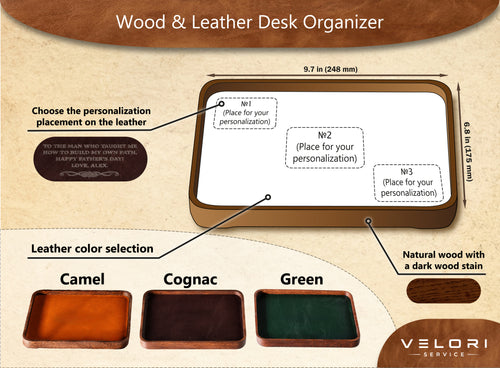 Dark Walnut Wood Valet Tray with Green Leather – Personalized Desk Organizer